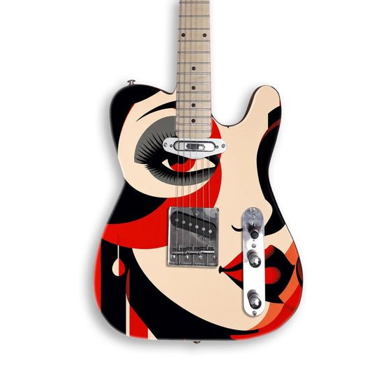 Red Retro Glamour Face guitar skin on a black Tele-style guitar