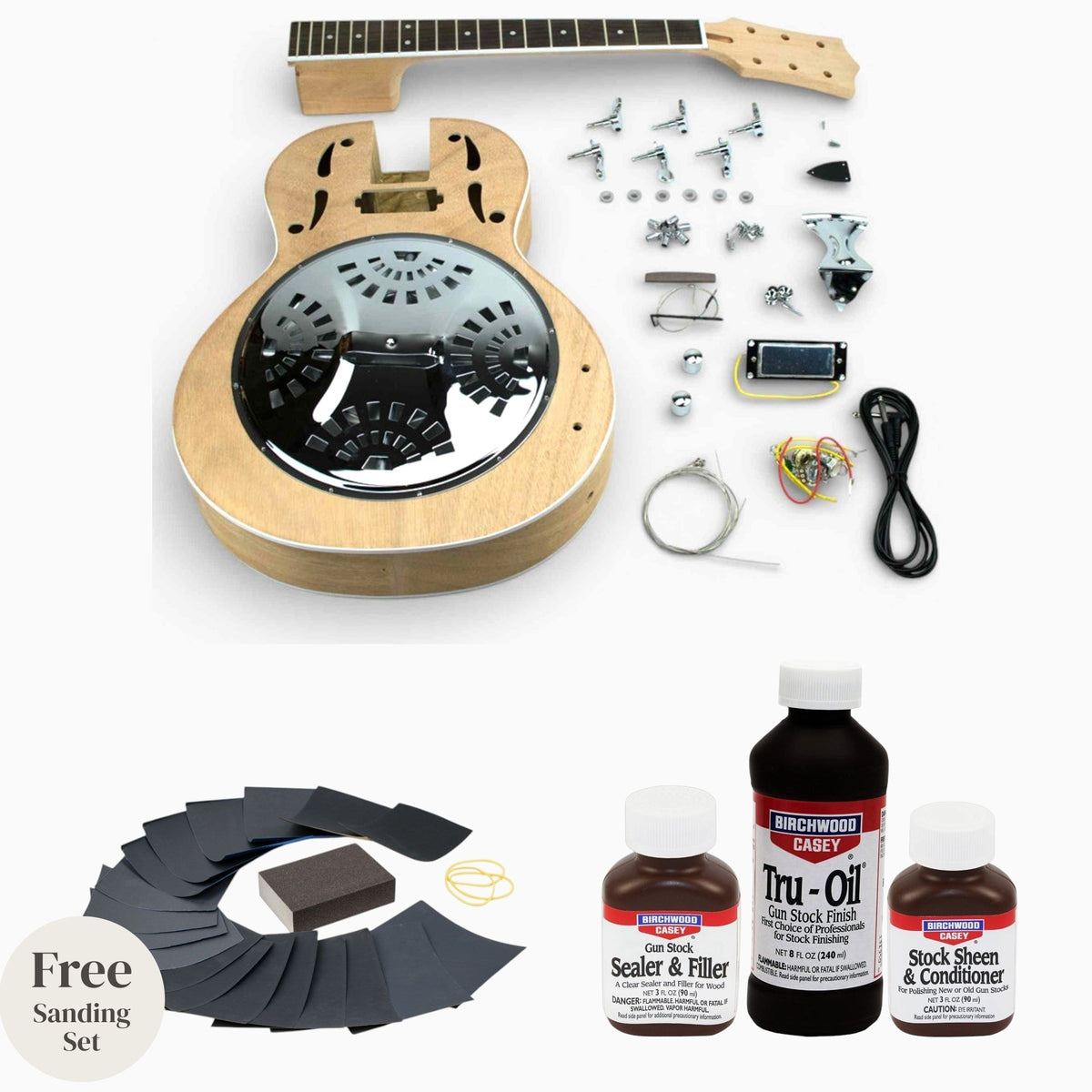 Kit Resonator Ashbury Mogano con Tru-Oil: kit disteso con sigillante Tru-Oil, finitura, condizionatore e carta abrasiva in omaggio