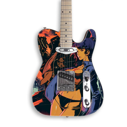 Neon City Gunrunners guitar skin on a black Tele-style guitar