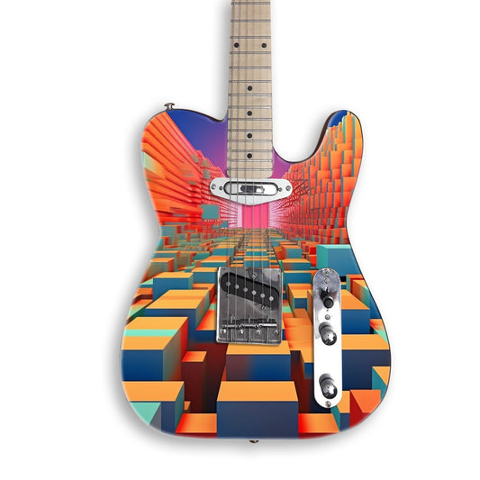 Skin per chitarra Canyon voxel retro su una chitarra nera stile Tele