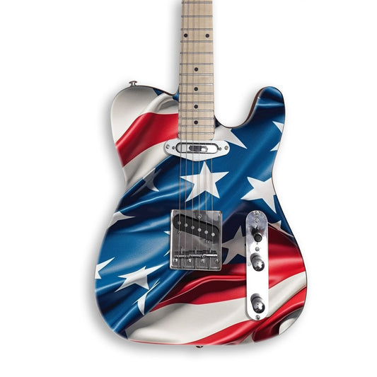 Rippled Stars and Stripes guitar skin on a black Tele-style guitar