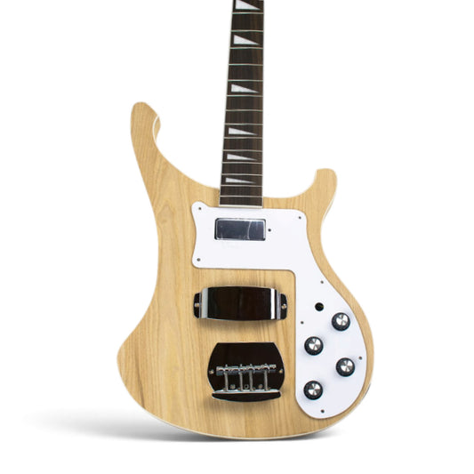 Front view of the unfinished bass assembled from the kit with white pickguard, chrome pickup covers and four control knobs