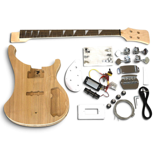 RK bass kit in ash with chrome hardware, all parts laid flat: unfinished bound body, maple neck, pickups, bridge and solderless wiring