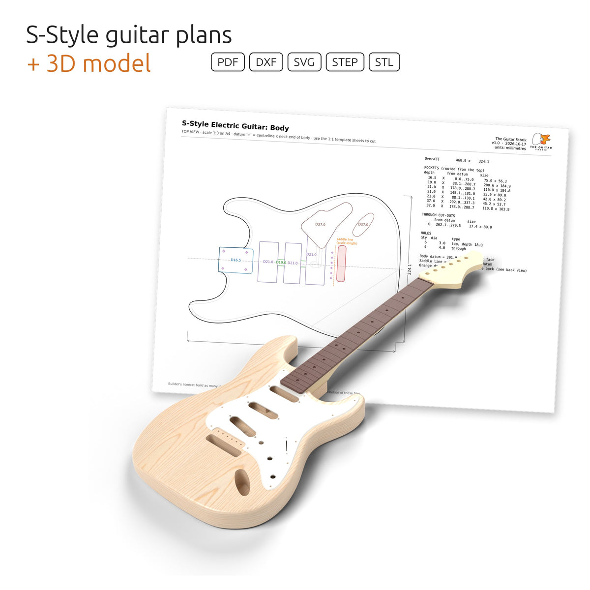 S-style electric guitar 3D model in front of its dimensioned body plan