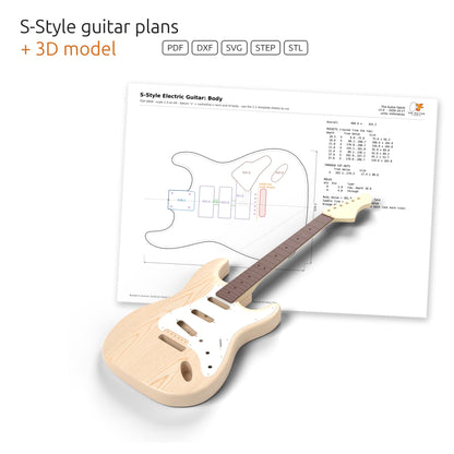 S-style electric guitar 3D model in front of its dimensioned body plan