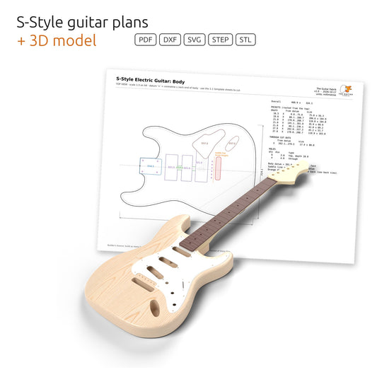 S-style electric guitar 3D model in front of its dimensioned body plan