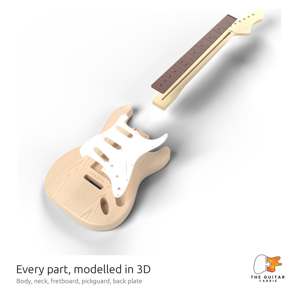 Exploded 3D view of the S-style guitar: body, neck, fretboard, pickguard and back plate