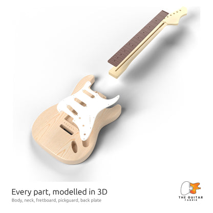 Exploded 3D view of the S-style guitar: body, neck, fretboard, pickguard and back plate