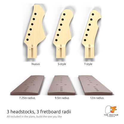 Three headstock shapes and three fretboard radii included in the S-style plans