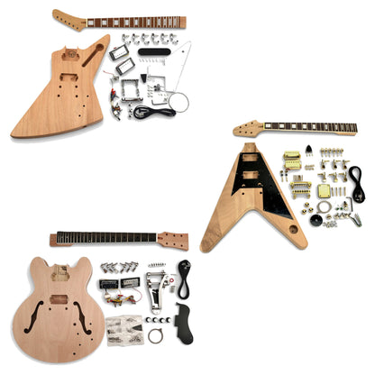 Three DIY guitar kits laid out: EX-style, FV-style and ES-style semi-hollow