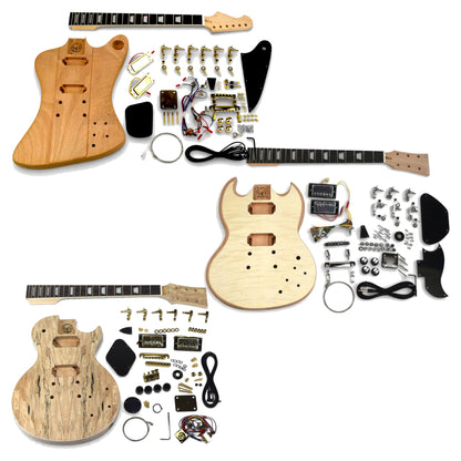 Drei DIY-Gitarrenbausätze ausgelegt: FB-Style, Double Cut und Single Cut