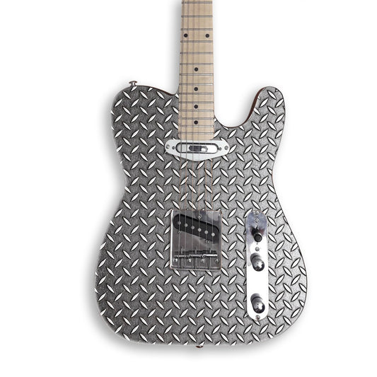Silver Diamond Plate guitar skin on a black Tele-style guitar