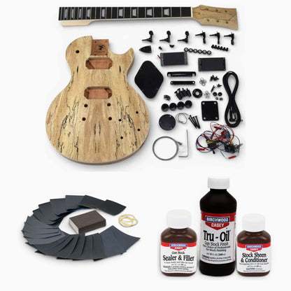 Spalted maple single cut kit with black hardware and the Tru-Oil set, ready for a natural oil finish
