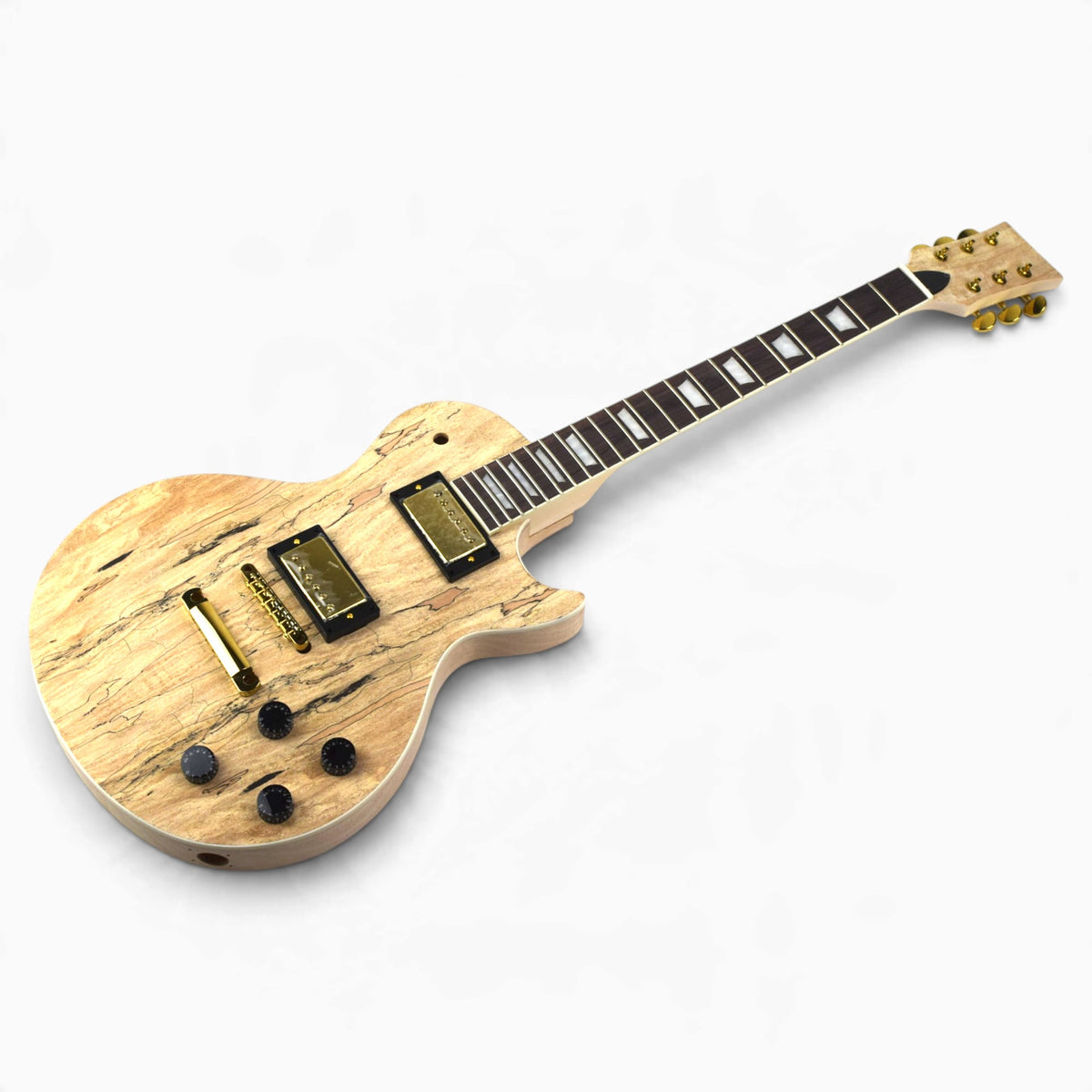 Angled view of the assembled kit before finishing, showing cream body binding, rosewood fretboard and white trapeze inlays