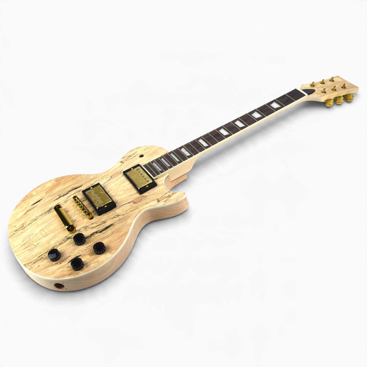 Unfinished single cut guitar assembled from the kit, spalted maple top with gold humbuckers, gold bridge and gold tuners