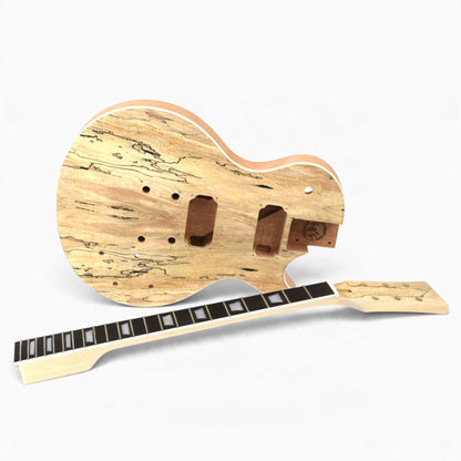 Spalted maple veneer body with humbucker routes standing behind the bolt-on neck with 22 jumbo frets