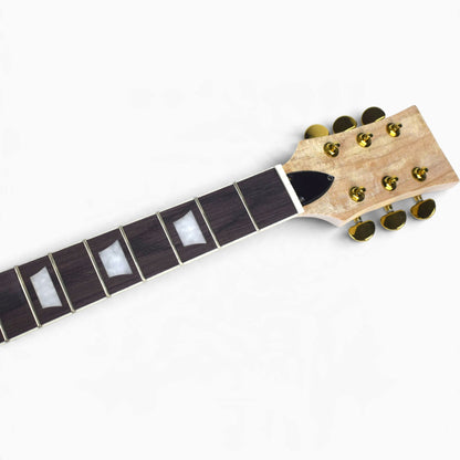 Spalted maple headstock with six gold 3+3 tuners, black truss rod cover and bone nut