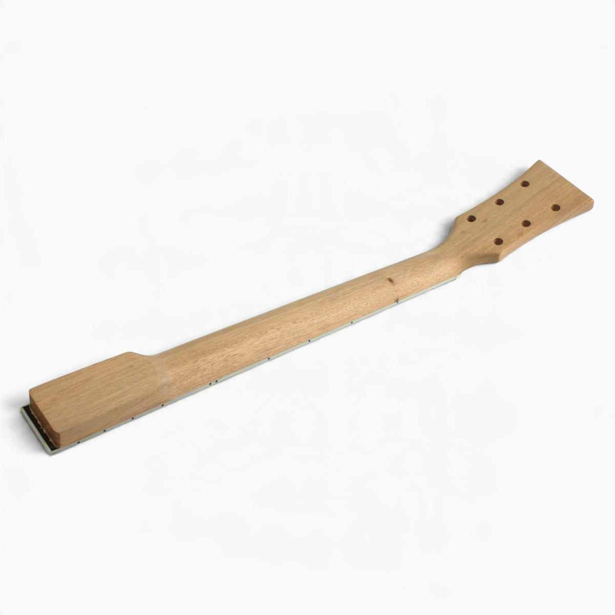 Back of the unfinished neck showing the carved neck profile, heel and six tuner holes