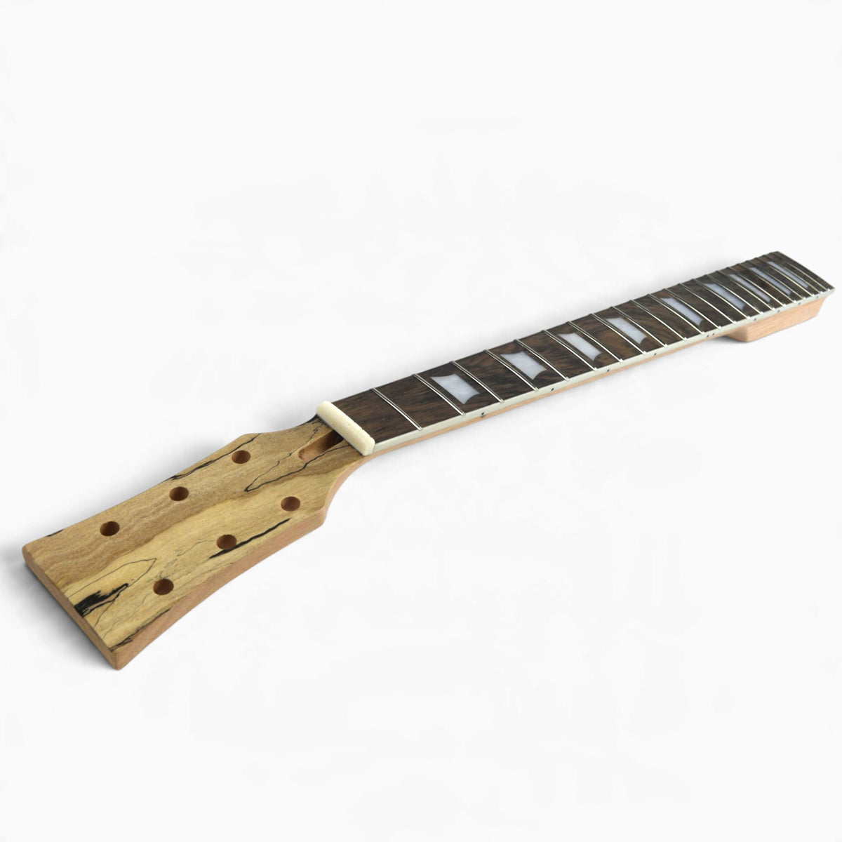 Unfinished neck with spalted maple headstock veneer, rosewood fretboard and white trapeze inlays