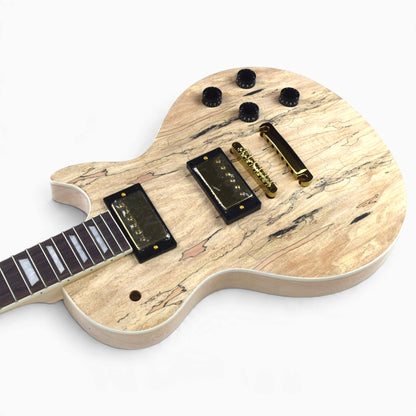Spalted maple grain detail on the unfinished body with cream binding and gold pickups fitted