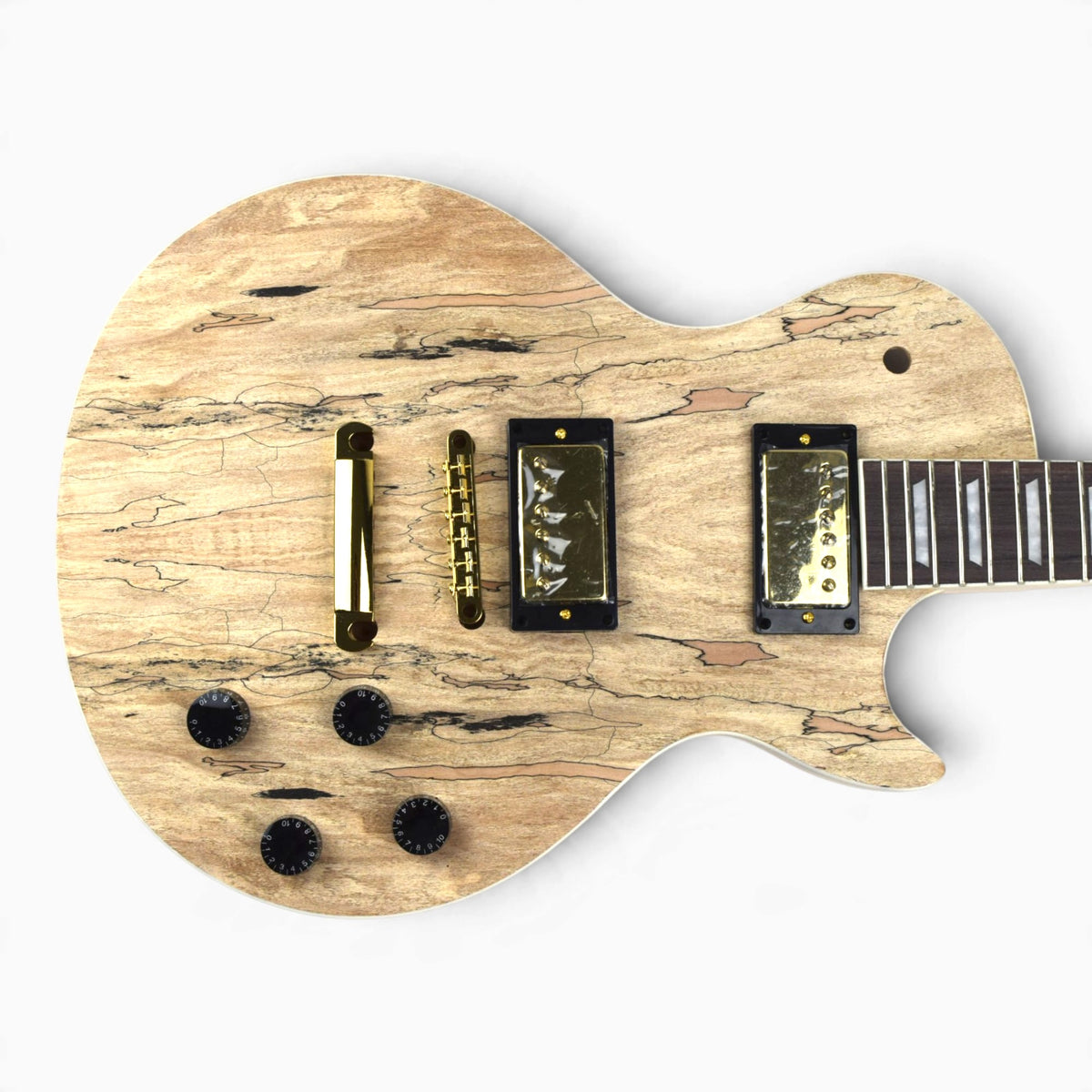 Close-up of the spalted maple top with two gold humbuckers, tune-o-matic bridge, stop tailpiece and four black control knobs