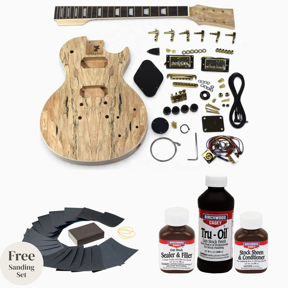 Spalted maple single cut kit gold with Tru-Oil: kit laid flat with Tru-Oil sealer, Tru-Oil finish, sheen conditioner and free sanding set