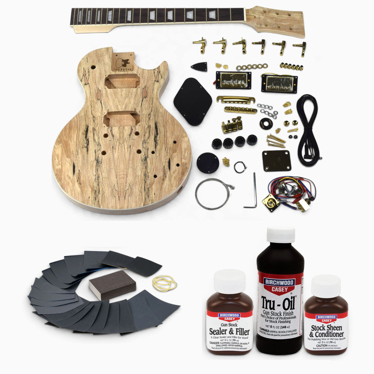 Spalted maple single cut kit with gold hardware and the Tru-Oil set, ready for a natural oil finish