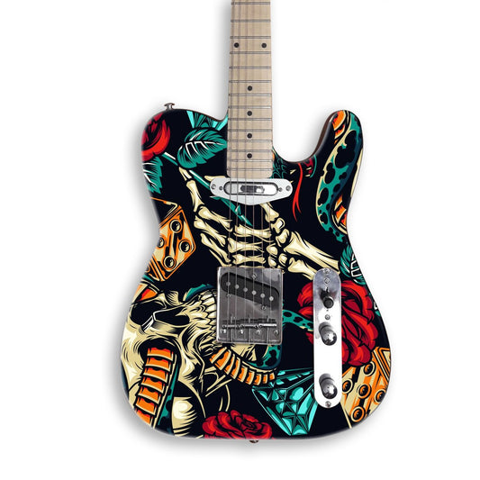 Snake & Skulls guitar skin on a black Tele-style guitar