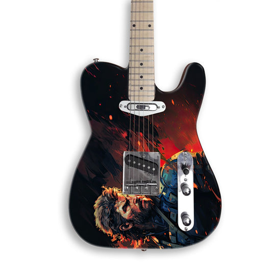 Vinilo para guitarra Soldado entre brasas en una guitarra negra tipo Tele