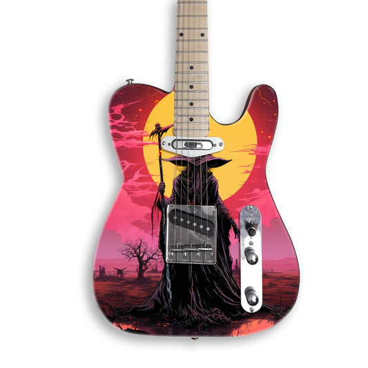Sorcerer guitar skin on a black Tele-style guitar