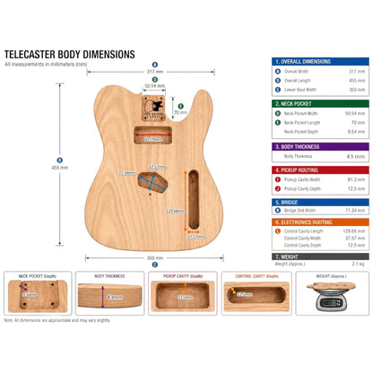 TL-style mahogany guitar body dimensions: 317 x 455 mm, 43 mm thick
