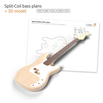 Split-Coil bass guitar 3D model in front of its dimensioned body plan