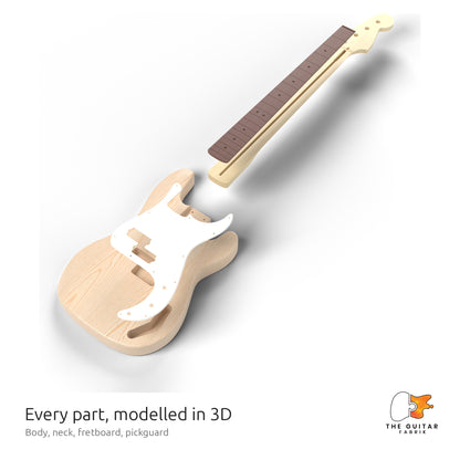 Exploded 3D view of the Split-Coil bass: body, neck, fretboard and pickguard