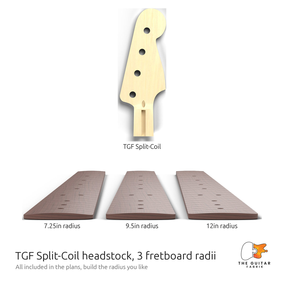 TGF Split-Coil headstock and three fretboard radii included in the Split-Coil bass plans