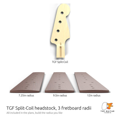 TGF Split-Coil headstock and three fretboard radii included in the Split-Coil bass plans