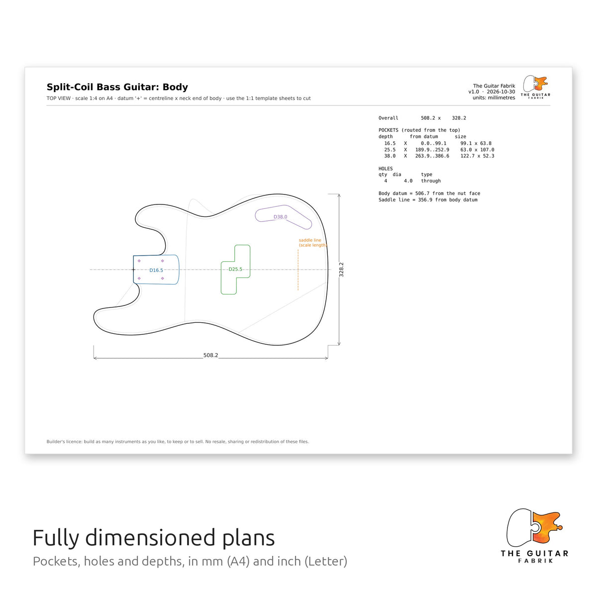 Dimensioned body drawing with pocket depths and holes, Split-Coil bass guitar plans