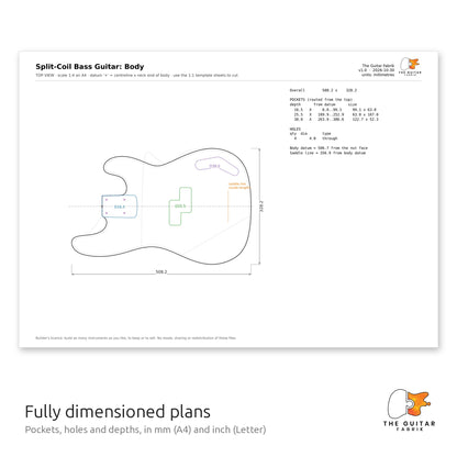 Dimensioned body drawing with pocket depths and holes, Split-Coil bass guitar plans