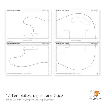 1:1 Split-Coil bass body templates tiled on printed sheets