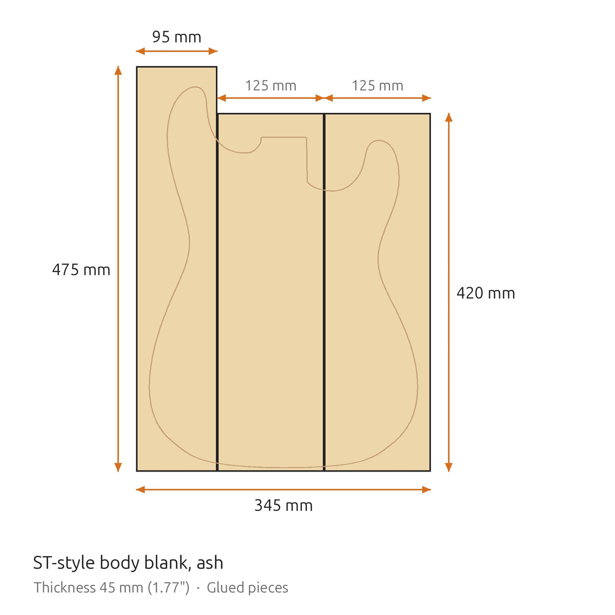 Misure del grezzo per corpo stile ST: pezzi incollati da 95 x 475 mm e due da 125 x 420 mm, spessore 45 mm