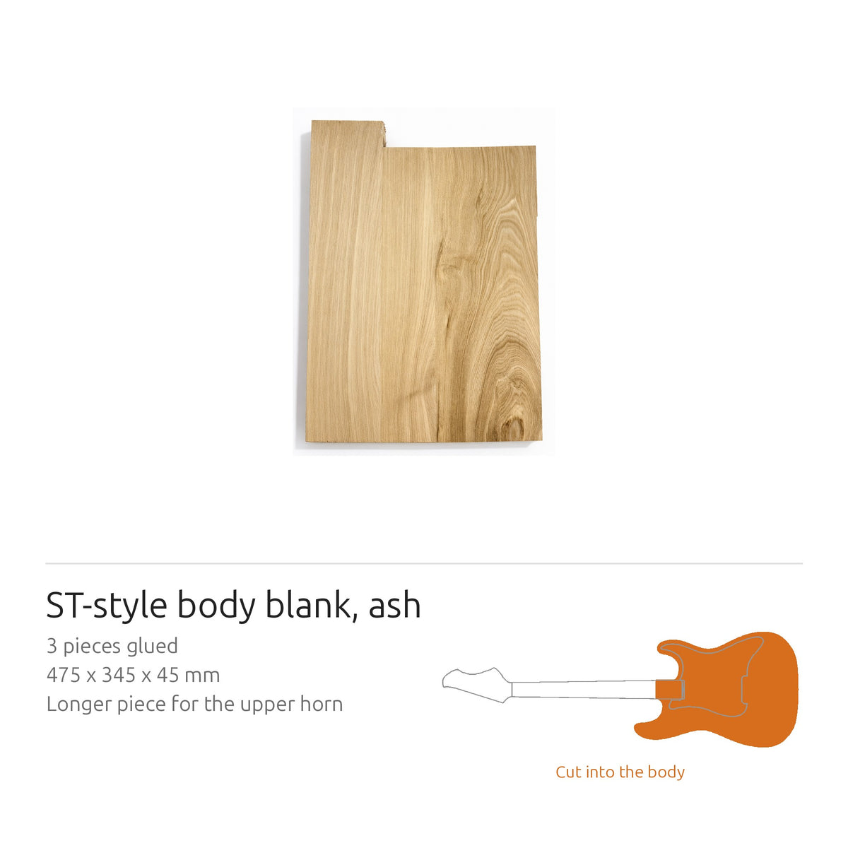 Grezzo in frassino stile ST, 475 x 345 x 45 mm, con la sagoma di un corpo di chitarra stile ST