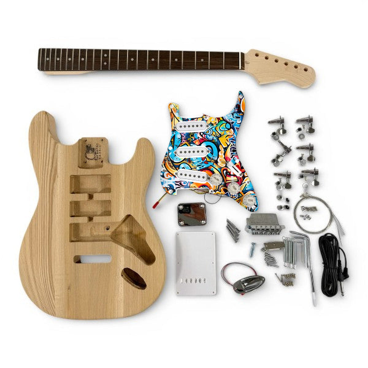 ST-style guitar kit laid out: ash body, neck, hardware and the custom artwork pickguard