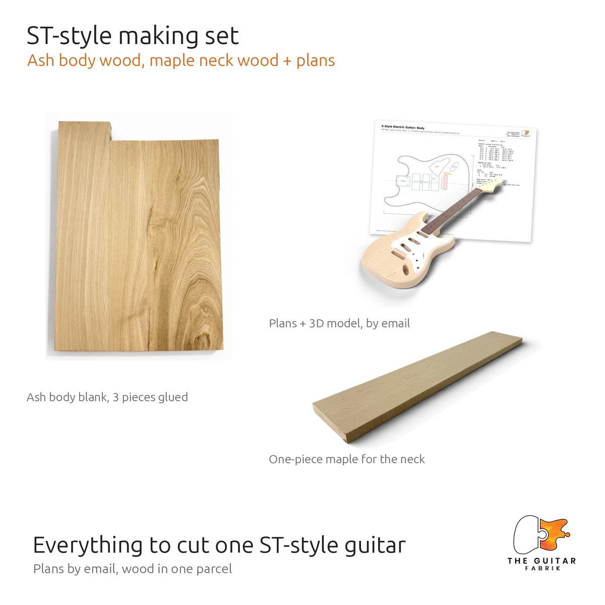 Gitarren-Bauset ST-Style: Korpusrohling aus Esche, einteiliger Ahorn für den Hals und die S-Style-Pläne mit 3D-Modell