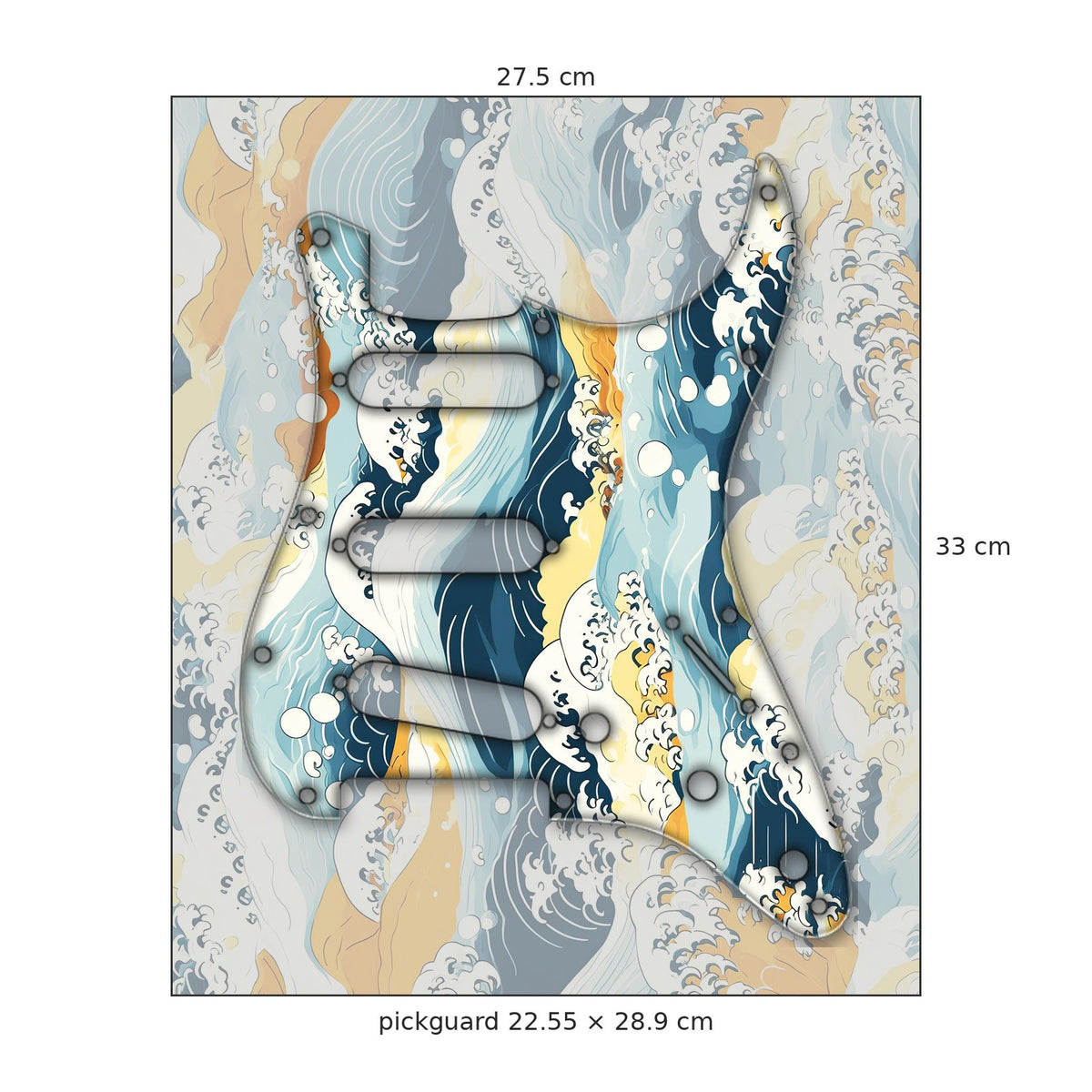 Pickguard-Folienbogen 27,5 × 33 cm mit dem Strat Pickguard 22,55 × 28,9 cm mittig auf dem Design