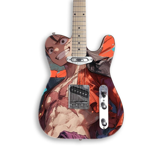 Vinilo para guitarra Sonrisa pirata en una guitarra negra tipo Tele