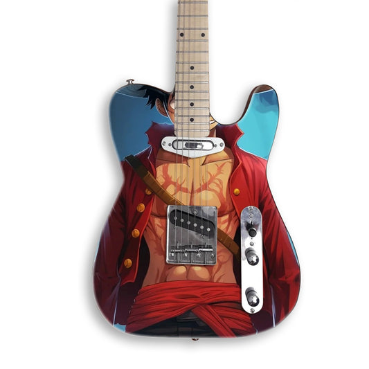 Vinilo para guitarra Corsario casaca roja en una guitarra negra tipo Tele