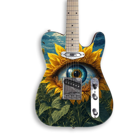 Sunflower Eye Dream guitar skin on a black Tele-style guitar