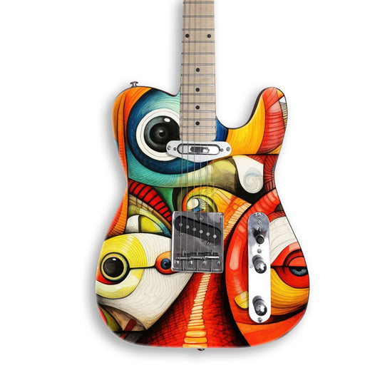 Surrealist Paint guitar skin on a black Tele-style guitar