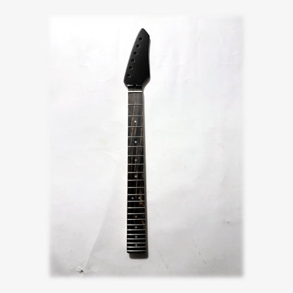 Sword headstock guitar neck in black gloss paint, front with the ebony fretboard