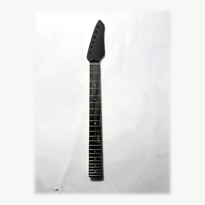 Sword headstock guitar neck in black matt paint, front with the ebony fretboard
