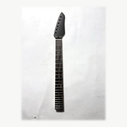 Sword headstock guitar neck in black satin paint, front with the ebony fretboard